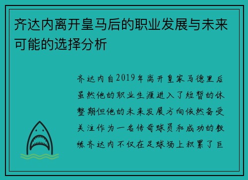 齐达内离开皇马后的职业发展与未来可能的选择分析