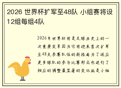 2026 世界杯扩军至48队 小组赛将设12组每组4队 2026 世界杯扩军至48队 小组赛将设12组每组4队
