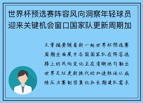 世界杯预选赛阵容风向洞察年轻球员迎来关键机会窗口国家队更新周期加速